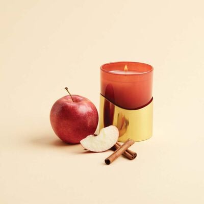 Thymes Simmered Cider Harvest Red Poured Candle with Gold Sleeve next to apple and cinnamon stick